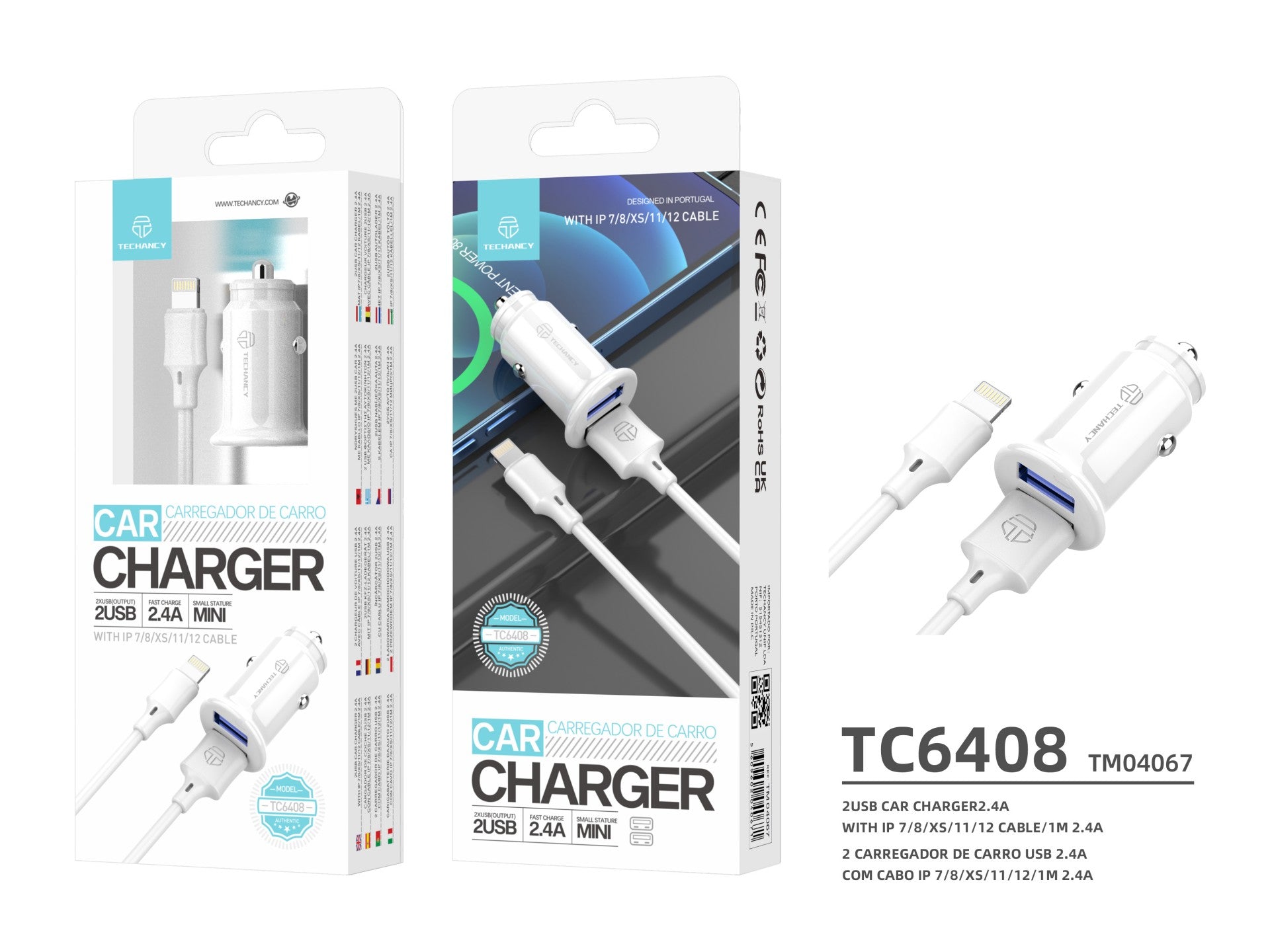 Techancy Carregador De Automóvel Mini  TC6408, Carregamento 2usb 2.4A, Kit De Dados Com Cabo Usb-Lightning 1m,branco