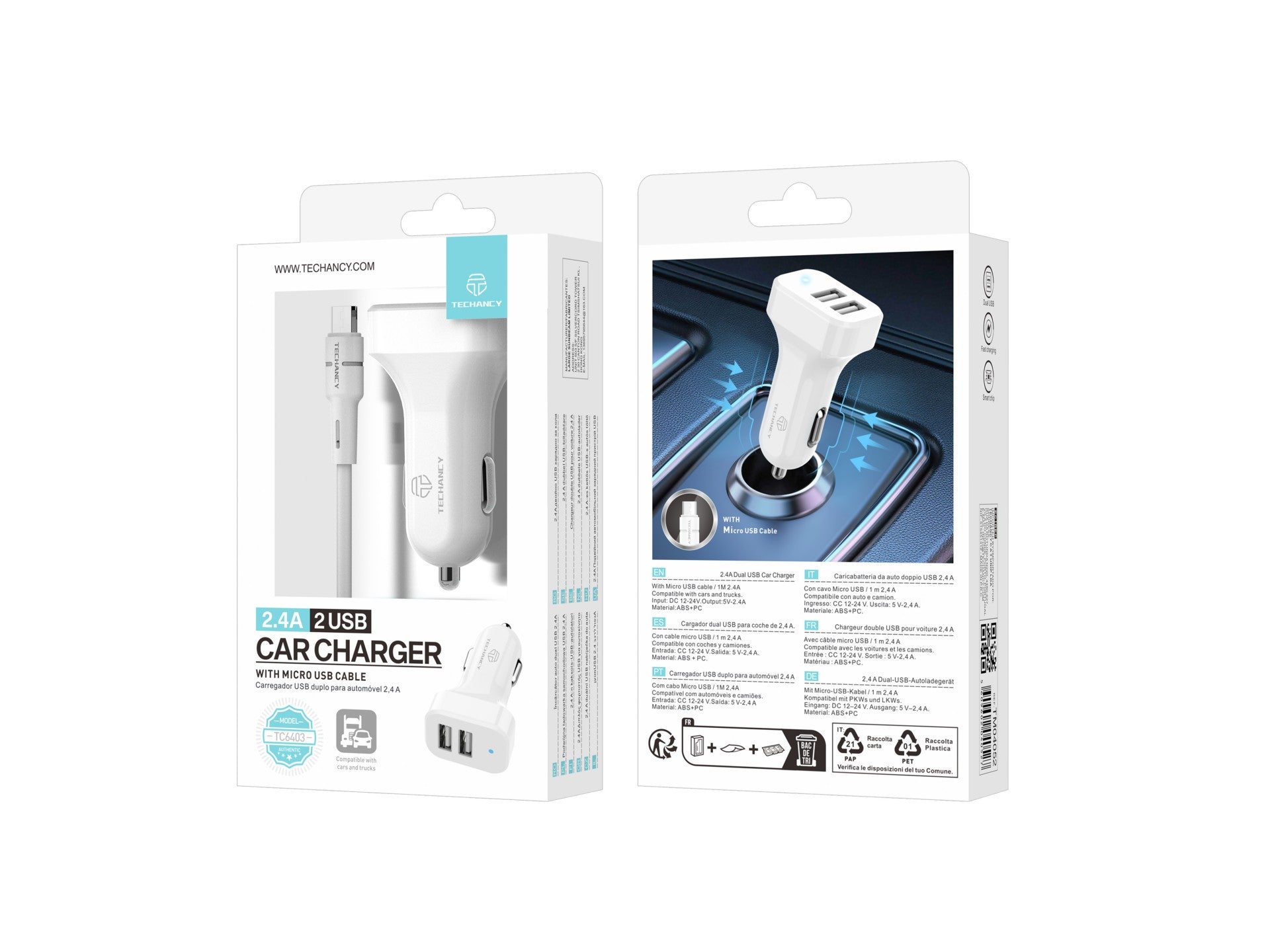 Techancy TC6403 Carregador de Carro Duplo USB 2.4A com Cabo Micro USB Branco