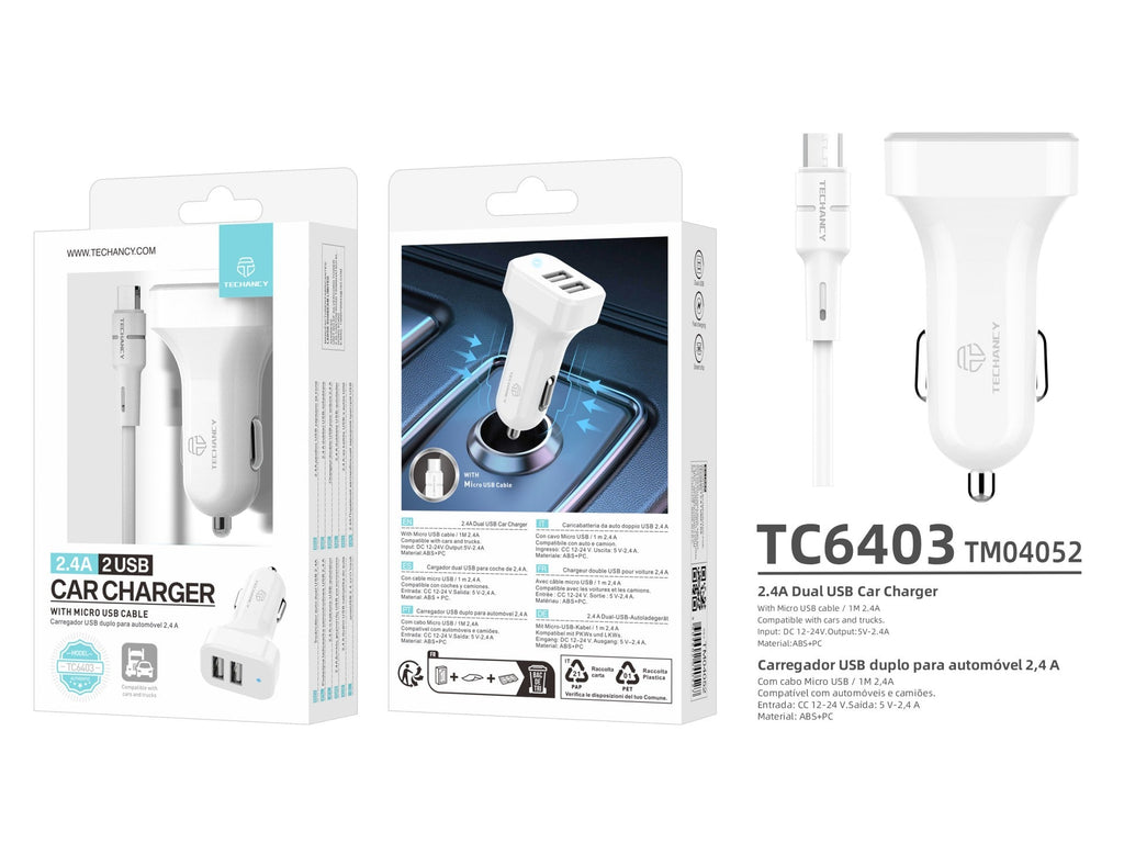 Techancy TC6403 Carregador de Carro Duplo USB 2.4A com Cabo Micro USB Branco