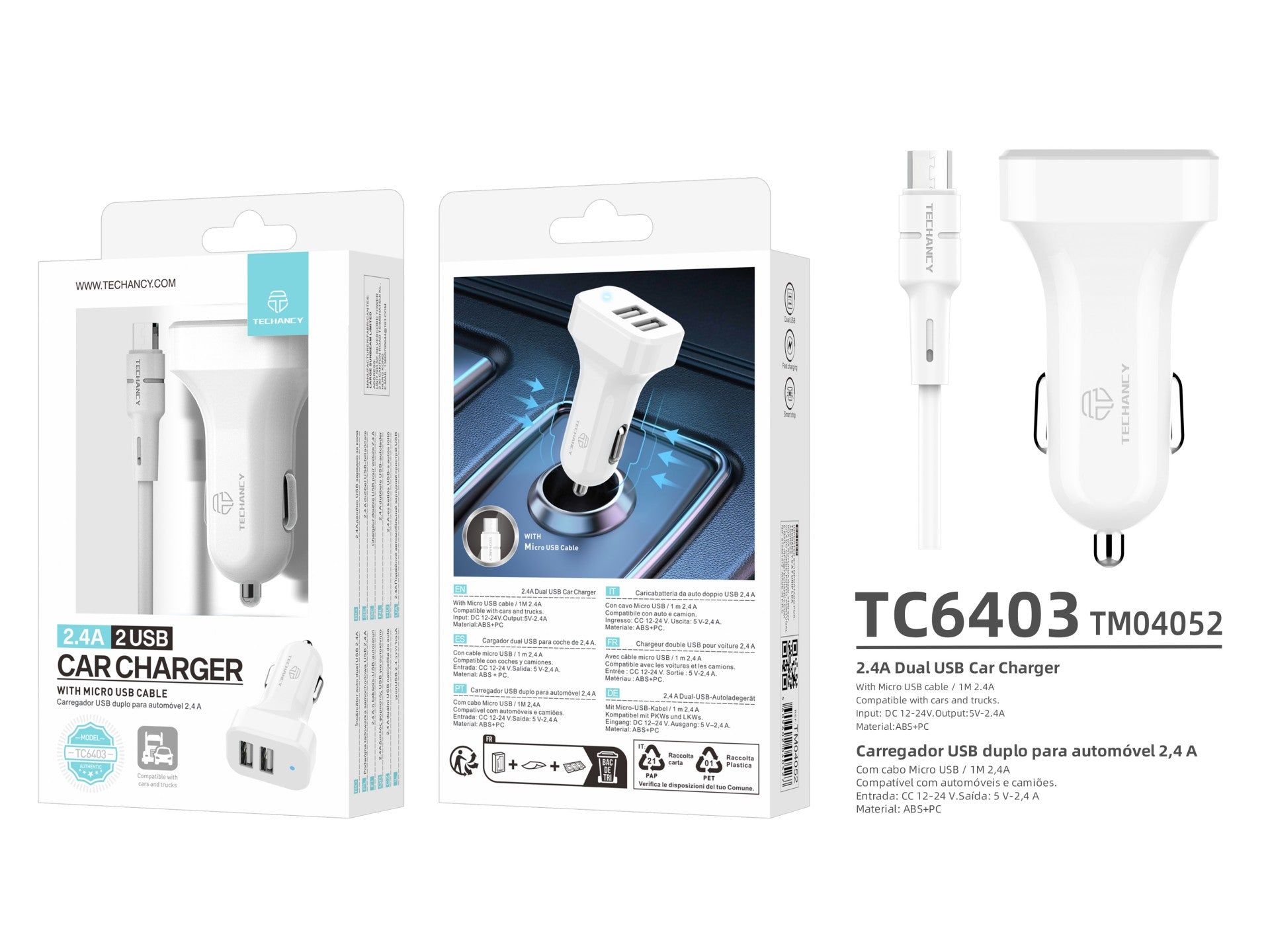 Techancy TC6403 Carregador de Carro Duplo USB 2.4A com Cabo Micro USB Branco