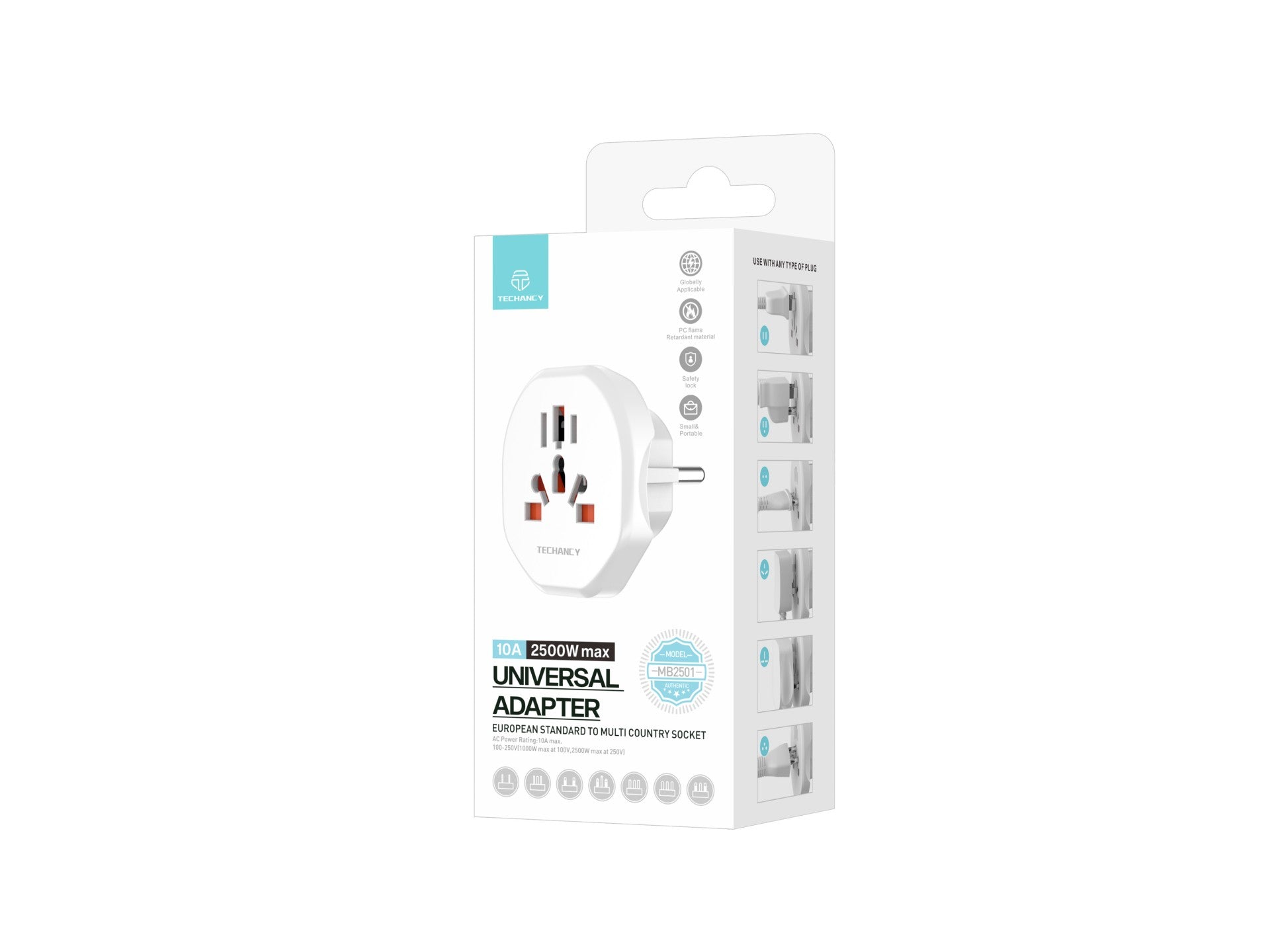 Techancy Adaptador De Viagem Branco MB2500, 2500w (Máx.) Ue Para Tomada Global Para Viagens Transfronteiriças
