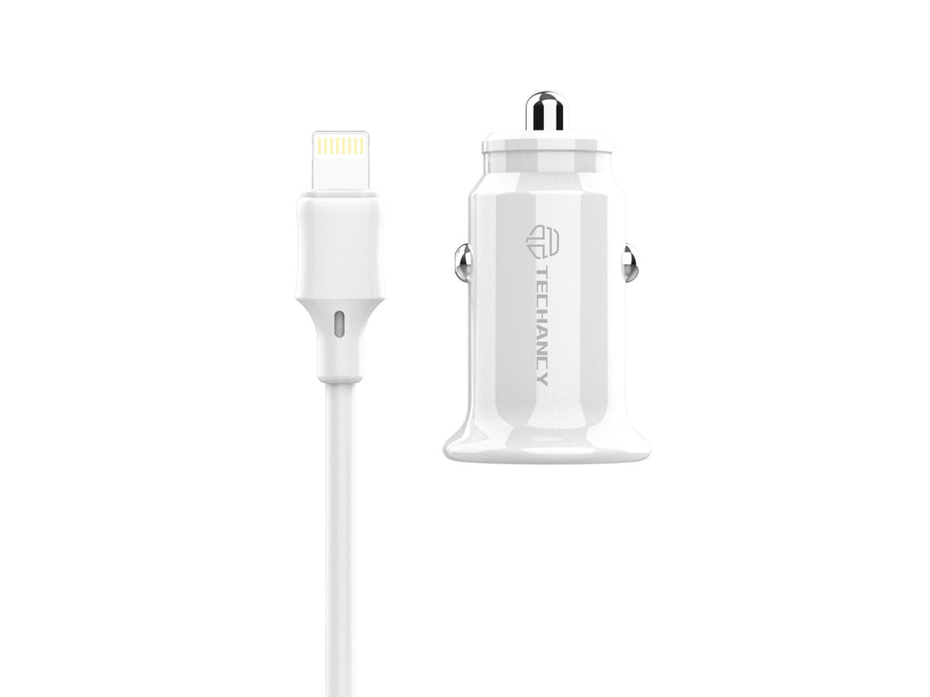 Techancy Carregador De Automóvel Mini  TC6408, Carregamento 2usb 2.4A, Kit De Dados Com Cabo Usb-Lightning 1m,branco