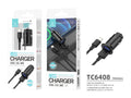 Techancy Carregador De Automóvel Mini  TC6408, Carregamento 2usb 2.4A, Kit De Dados Com Cabo Usb-Lightning 1m, Preto