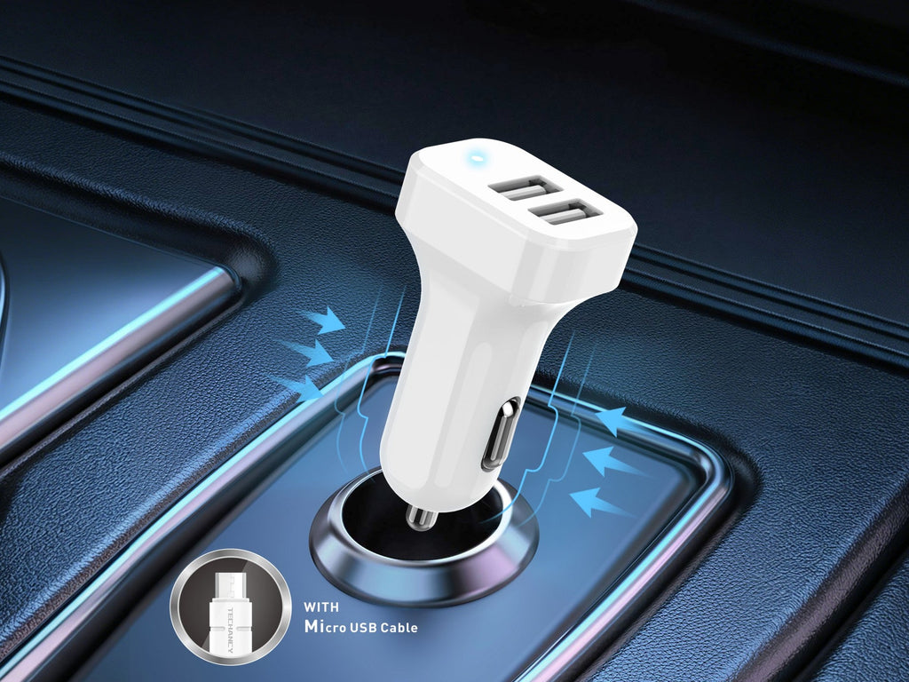 Techancy TC6403 Carregador de Carro Duplo USB 2.4A com Cabo Micro USB Branco