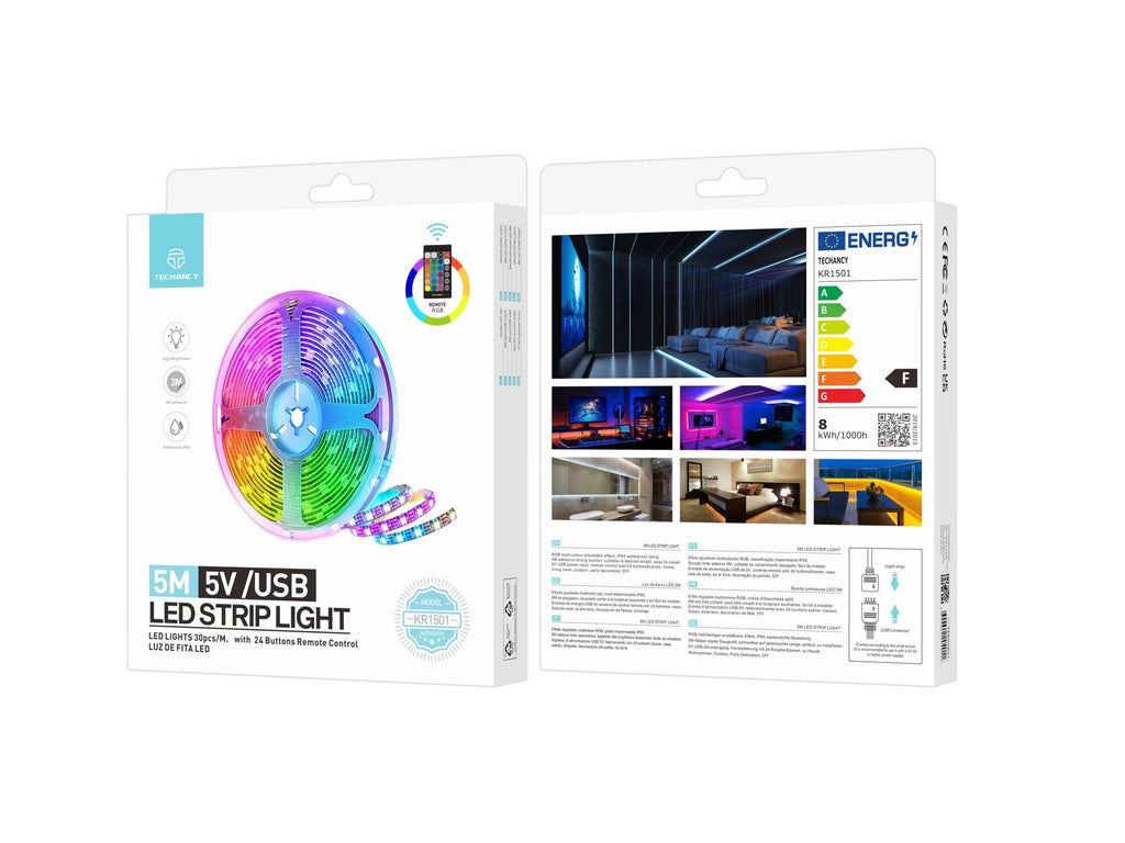 Techancy Fita Led 5m KR1501, Fonte De Alimentação 5v/Usb Com Controlo Sem Fios, Efeito Multicolor Rgb, À Prova De Água Ip65