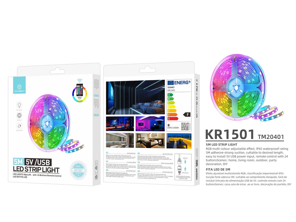 Techancy Fita Led 5m KR1501, Fonte De Alimentação 5v/Usb Com Controlo Sem Fios, Efeito Multicolor Rgb, À Prova De Água Ip65