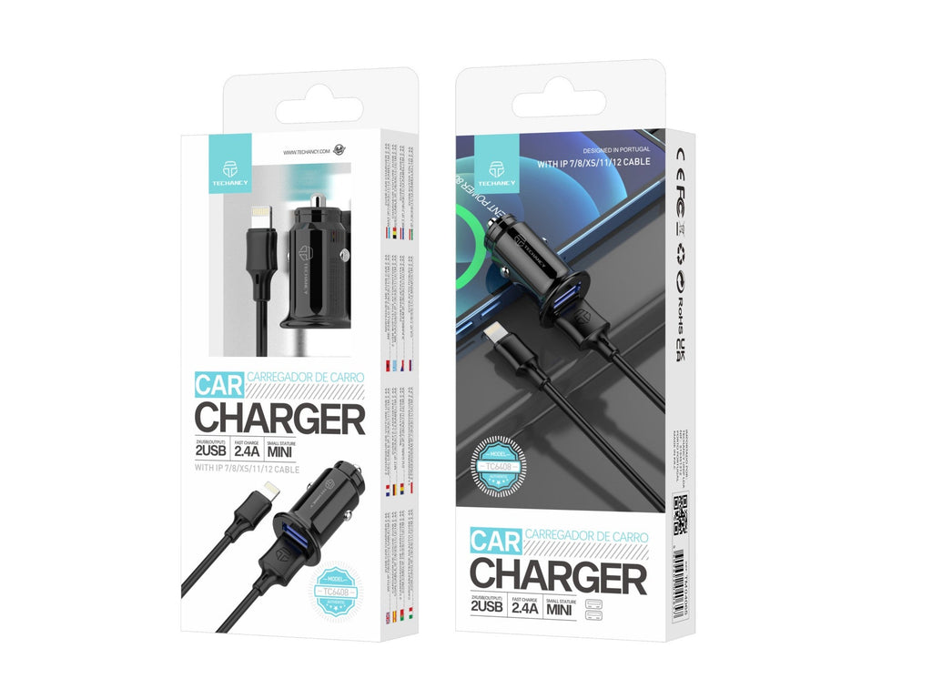Techancy Carregador De Automóvel Mini  TC6408, Carregamento 2usb 2.4A, Kit De Dados Com Cabo Usb-Lightning 1m, Preto