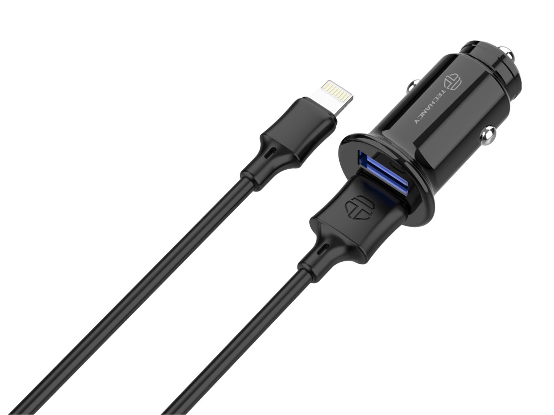 Techancy Carregador De Automóvel Mini  TC6408, Carregamento 2usb 2.4A, Kit De Dados Com Cabo Usb-Lightning 1m, Preto