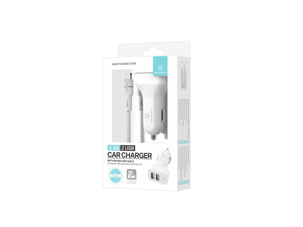 Techancy TC6403 Carregador de Carro Duplo USB 2.4A com Cabo Micro USB Branco