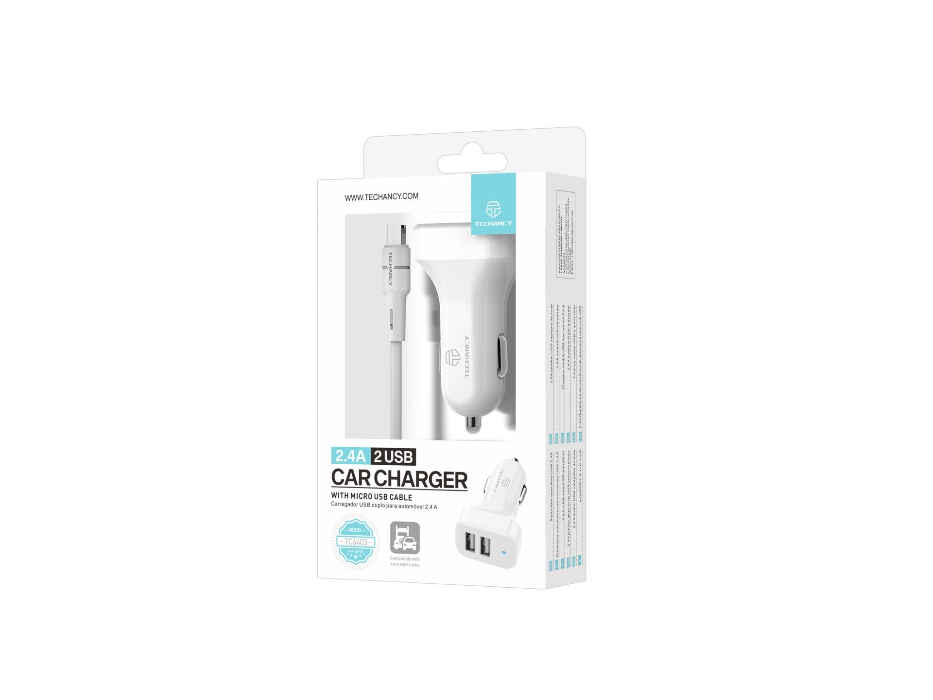 Techancy TC6403 Carregador de Carro Duplo USB 2.4A com Cabo Micro USB Branco
