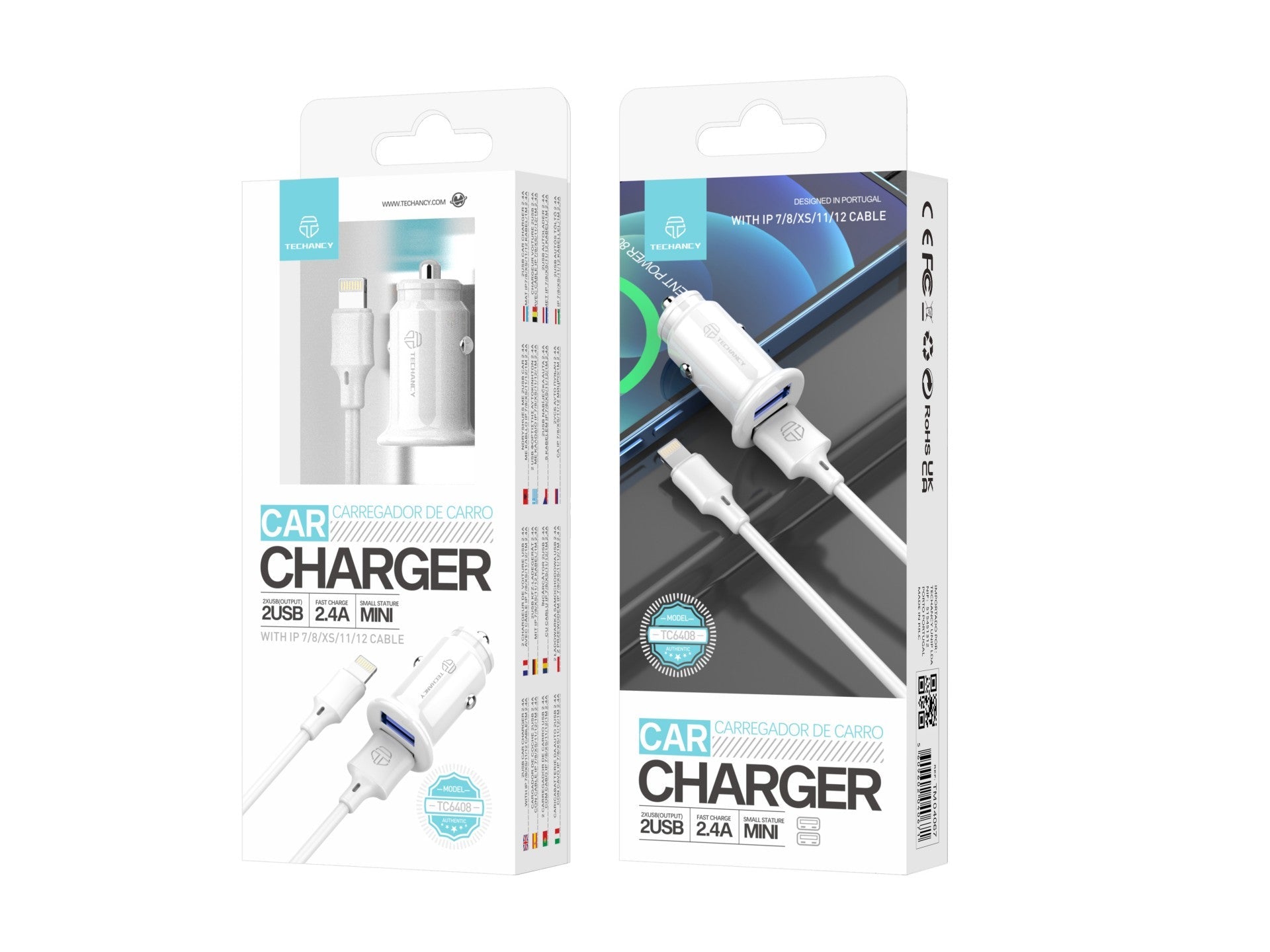Techancy Carregador De Automóvel Mini  TC6408, Carregamento 2usb 2.4A, Kit De Dados Com Cabo Usb-Lightning 1m,branco