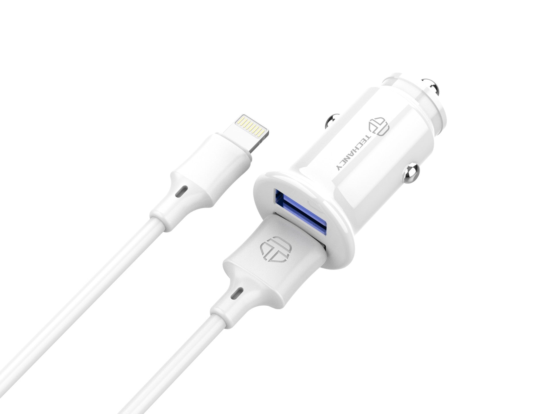 Techancy Carregador De Automóvel Mini  TC6408, Carregamento 2usb 2.4A, Kit De Dados Com Cabo Usb-Lightning 1m,branco