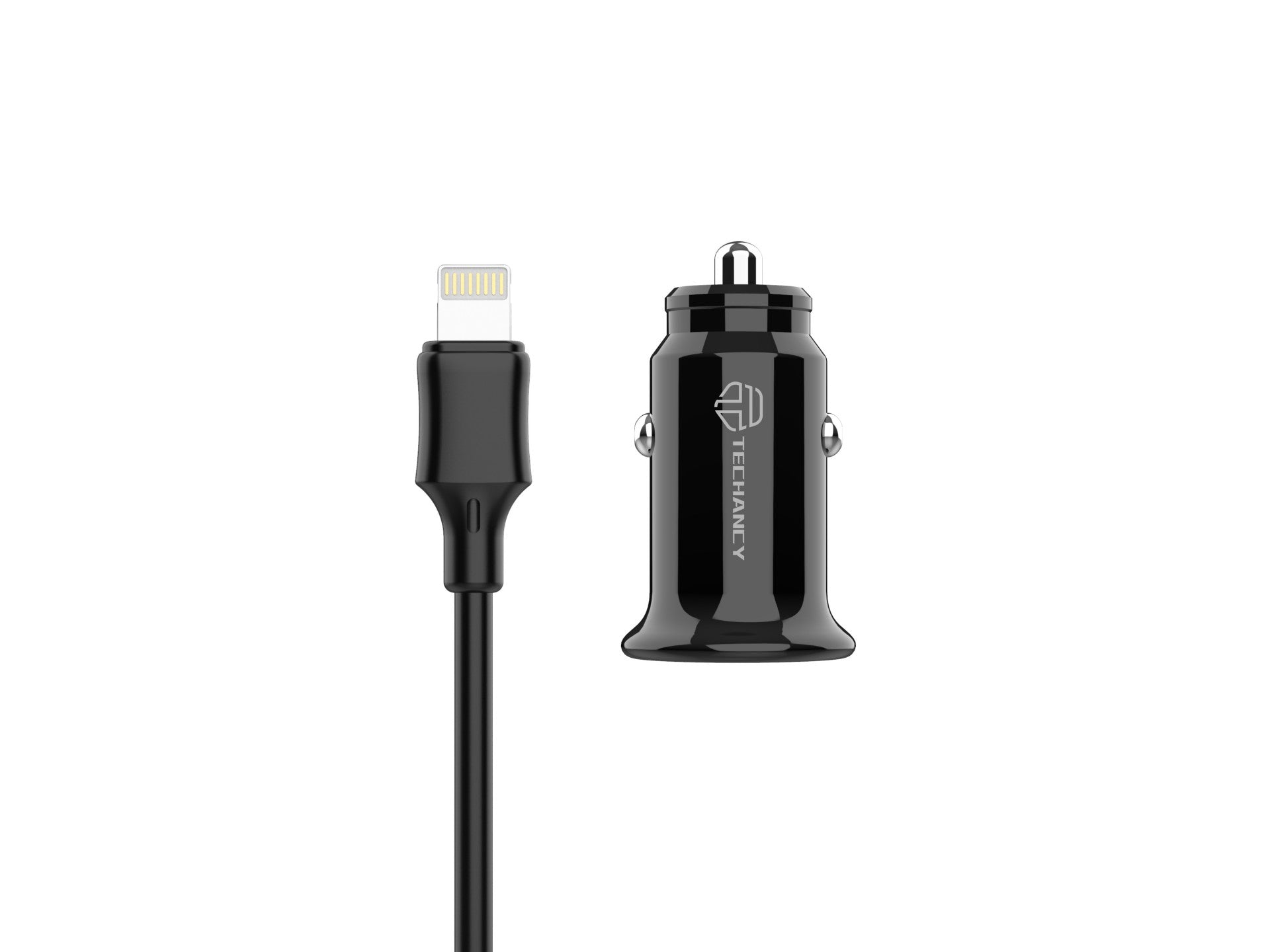 Techancy Carregador De Automóvel Mini  TC6408, Carregamento 2usb 2.4A, Kit De Dados Com Cabo Usb-Lightning 1m, Preto
